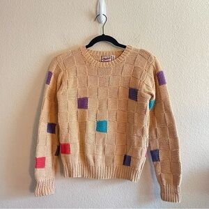 90s Vintage Merona HandKnit Check Print Pullover Retro Sweater Tan Long Sleeve
